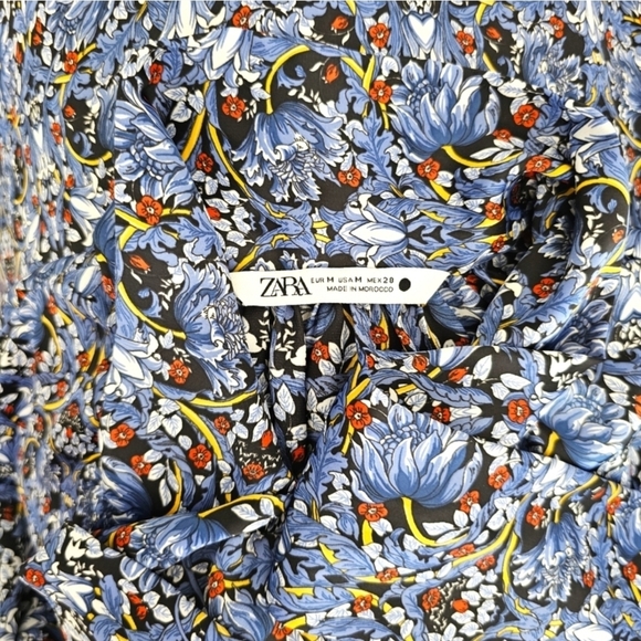 🇪🇦 Zara Blue Floral Paisley Long Sleeve Satin Blouse with Bow - Picture 11 of 16